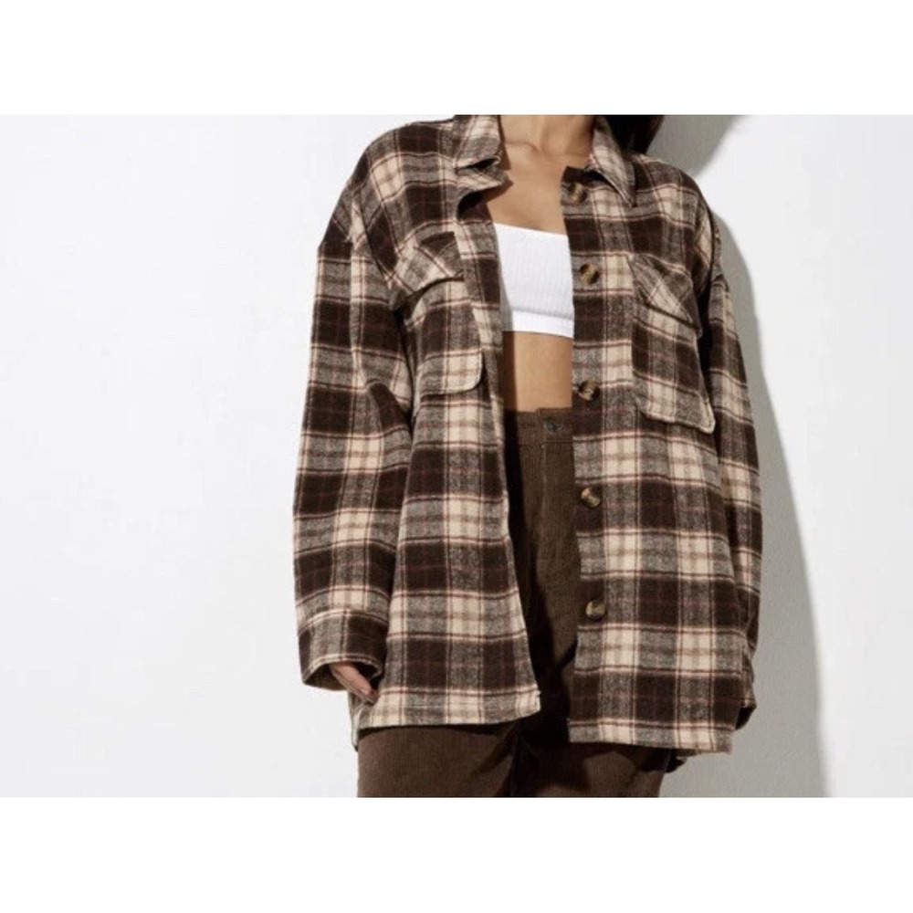 Motel Jacket Womens XL Brown Plaid Flannel Button Front‎ Shacket Oversized
